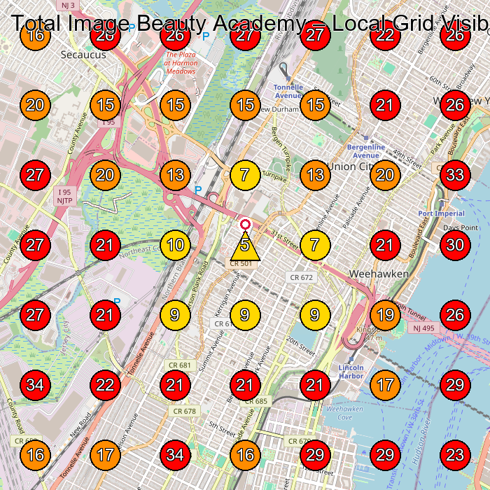 Total Image Beauty Academy GeoGrid visibility map for Beauty Salon in Secaucus